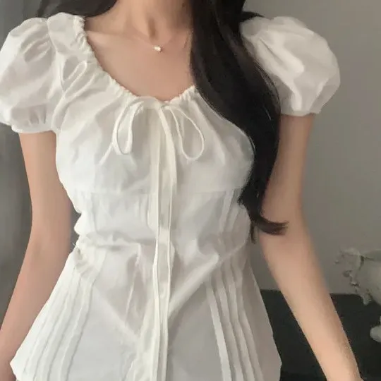 Gentle Wind Style Bow Tie Slim Fit Puffy Sleeve Shirt Women's Summer New Design Pressed Pleat Top Korean Style Short Sleeve r...