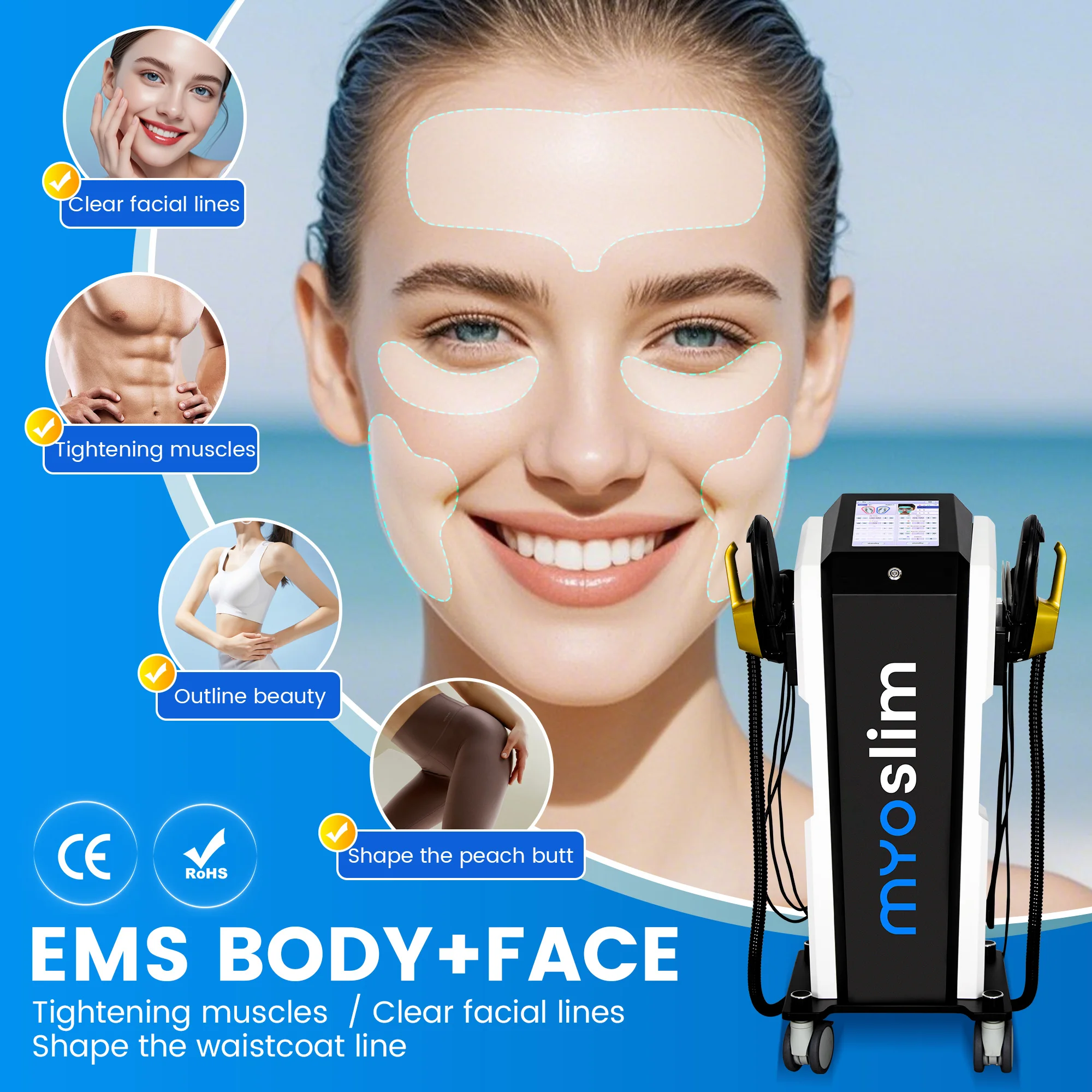 

EMS Body MYOSLIM MUSCLE Machine Сильный импульсный магнитный и PEface RF Heat Energy Output Лицо Подтяжка лица Машина для удаления морщин