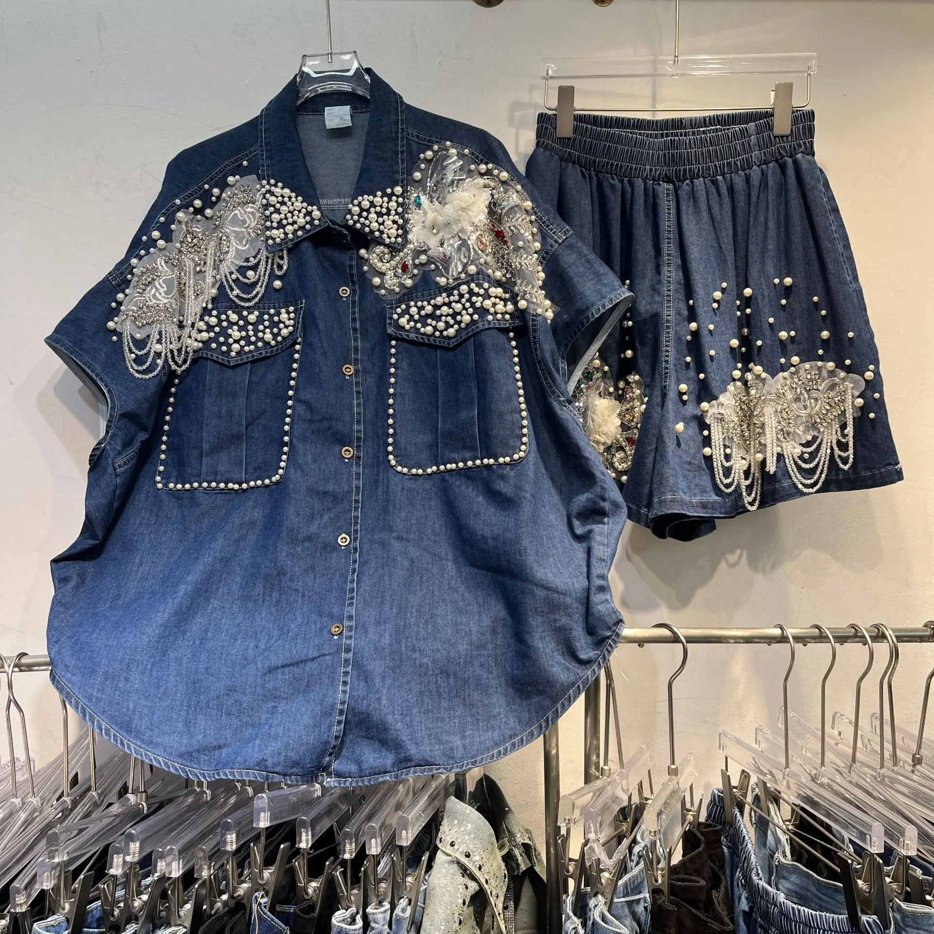 Pesante impreziosito diamante ort Sve Denim irt Top elastico in vita Set due pezzi Colletto da collezione primaverile Faion da donna