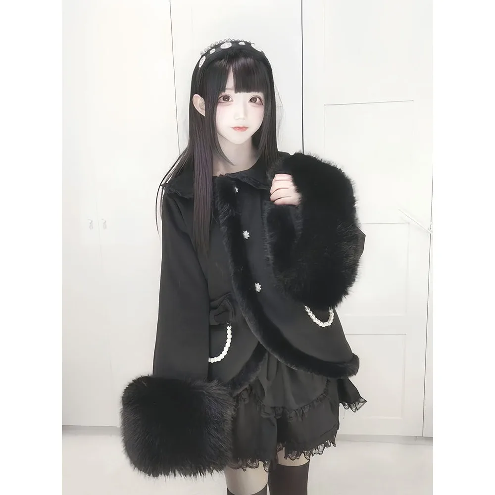 اليابانية Kawaii سترات طويلة الأكمام الأميرة نمط معطف + القوس وشاح الحلو المرأة عادية قطعتين مجموعة لوليتا الخريف الملابس