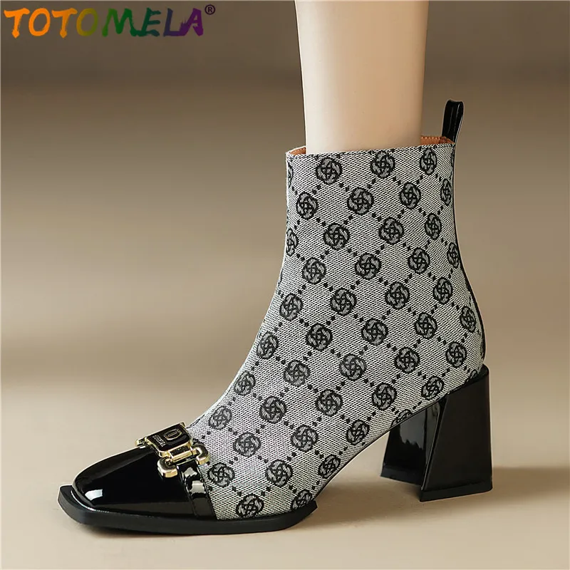 

TOTOMELA Ins Hot 2024 New Patent Leather Cloth Patchwork Ankle Boots Brand Desgin Chunky High Heels Women's Boots Ladies Shoes