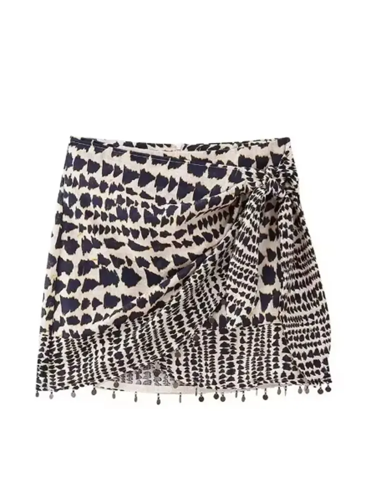 Mooyufon Women Fashion With Beaded Print Wrap Mini Skirt Vintage High Waist Back Zipper Female Skirts Mujer