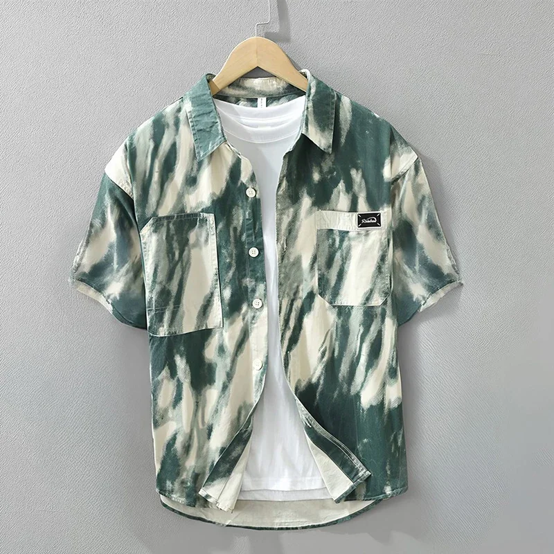 LIBIELIY Fashion Lapel Printed Spliced Pockets Tie Dye Shirts Men's Clothing 2025 Summer New Loose Short Sleeve Casual Tops Punk