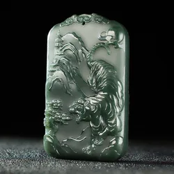 Natural Green Jade Tiger Pendant Necklace Men Women Fine Jewelry Chinese Hetian Jades Nephrite Fierce Tiger Charms Sweater Chain