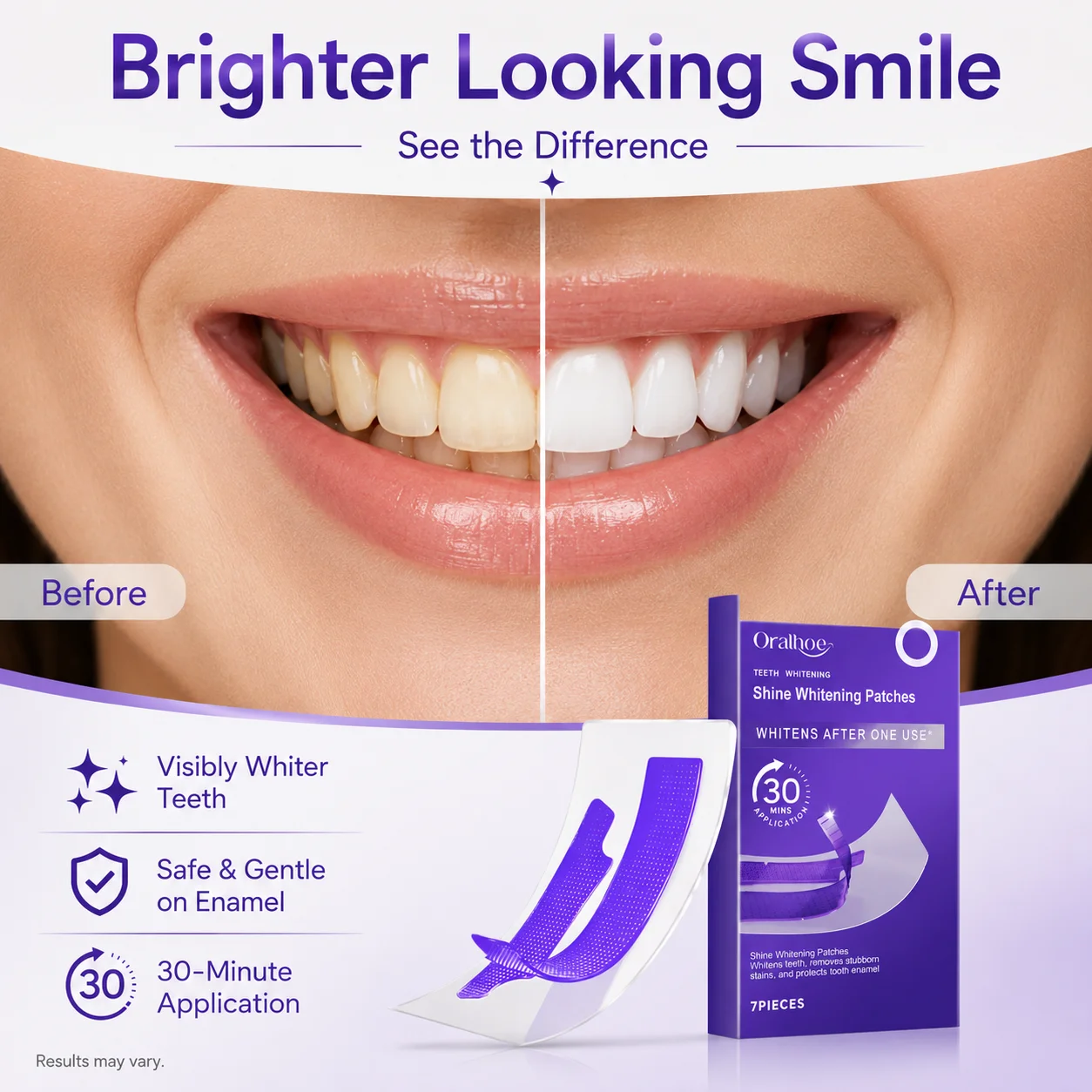 Purple Glossy Teeth Whitening Strips Gentle Care Stain Removal Easy Use Oral Care Strips for Shiny Teeth