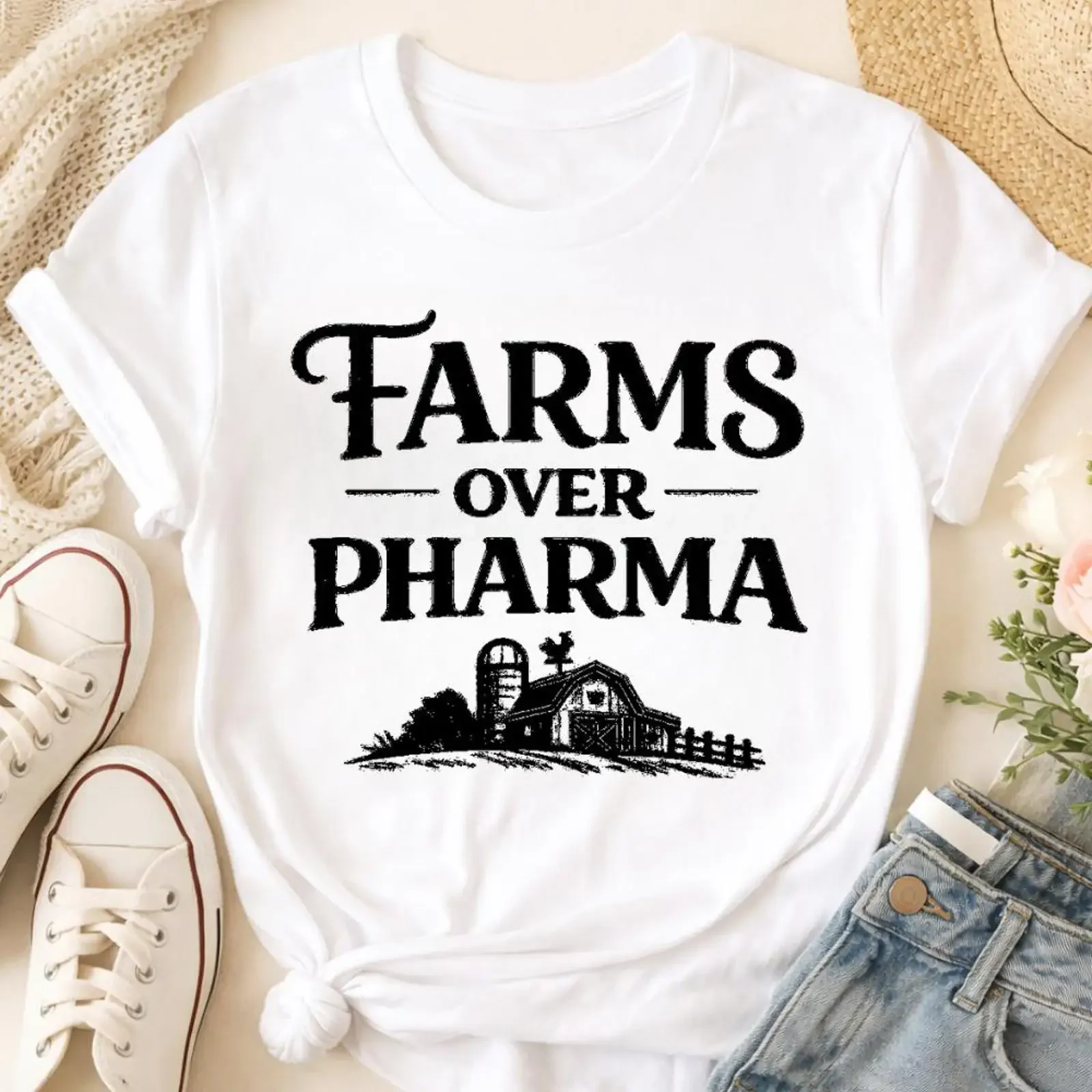 T-shirt Farms Over Pharma – Agriculture Éco-Responsable, Advocate de l'Équilibre pour les Agriculteurs et les Amateurs de Nature – Vintage, Lavé, Extensible