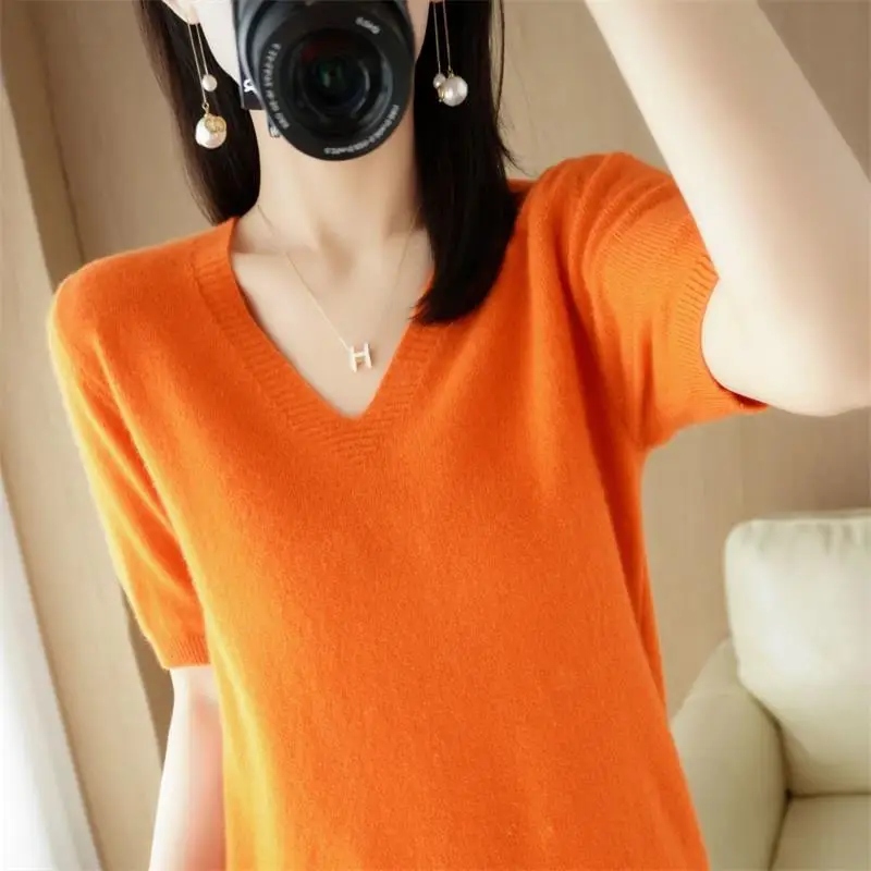 Spring Autumn New Cashmere Sweater Women Knitted Short Sleeve Pullover Women Sweter Solid Color V-Neck Korean Version Loose Tops