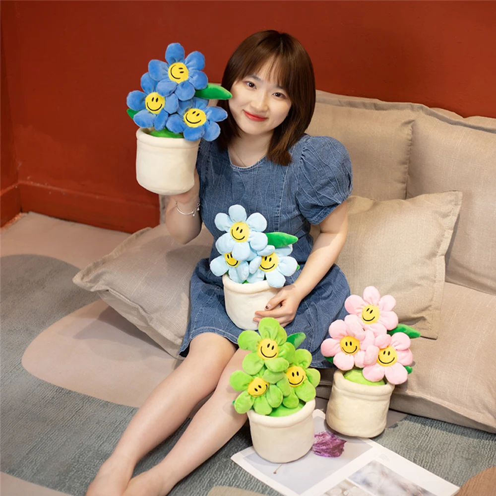 Creative Simulated Sunflower Flowerpot Plush Toys Stuffed Soft Plant Colorful Smiling Flower Dolls Home Decor Ladies Girls Gift