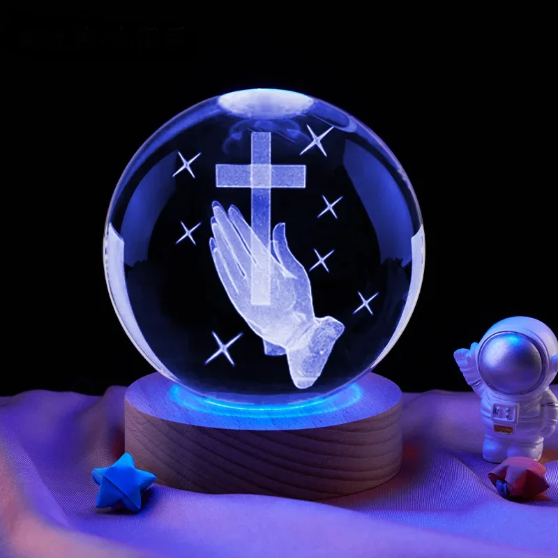 Crystal Ball Cross ln Hand With Multicolor 3D LED Night Light,Praying Hands Gifts For Women Man Christian