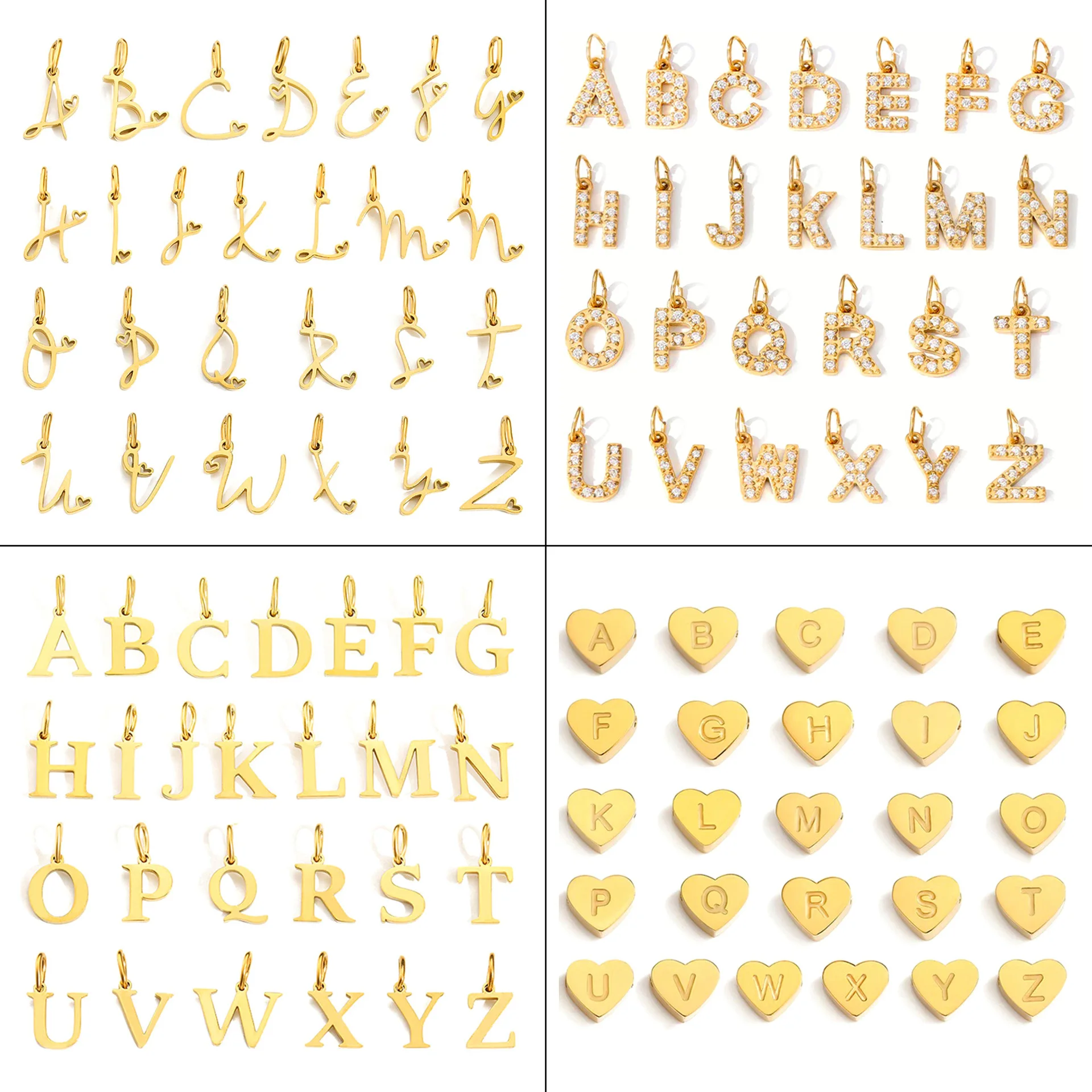 

A-Z Alphabet 26 Letter Charms Set Heart Zircon Pearl Initial Letter Gold Plated Stainless Steel Pendants for DIY