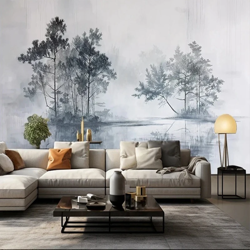 Customized Chinese Ink Landscape Wallpaper Murals - Hand-painted Tree Painting Background for Living Room TV Sofa Wall Decor