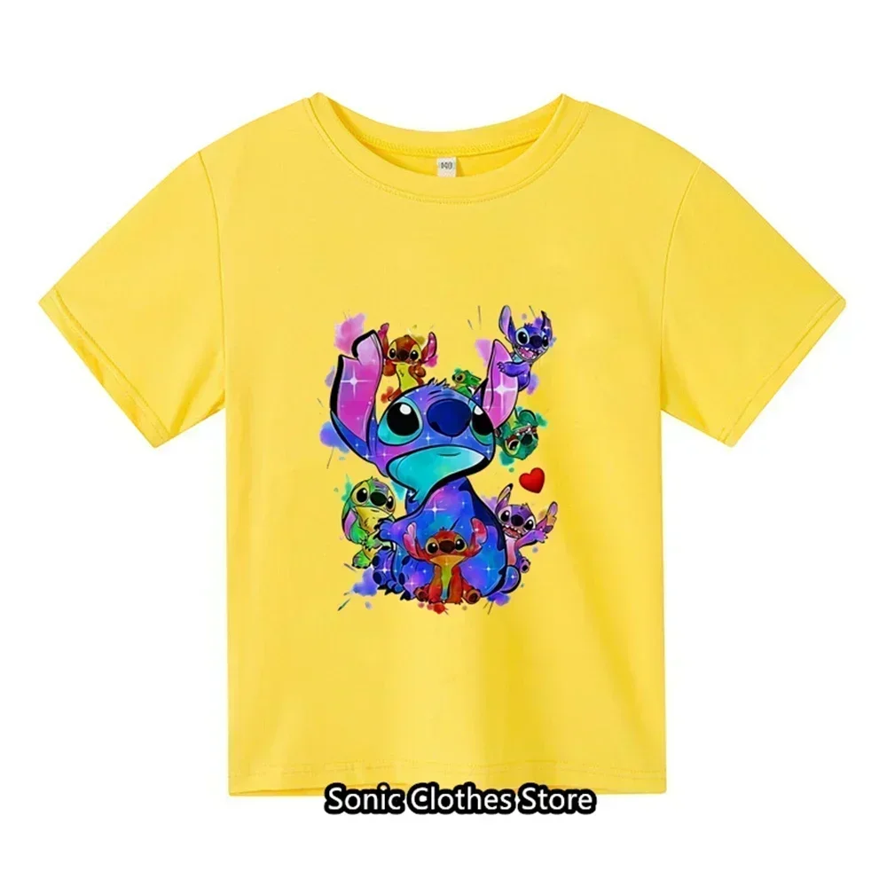 Summer New T-shirt 3-14 Year Old Children's Top Lilo&Stitch Kawaii Anime Pattern Children's T-shirt Fashion Casual Style