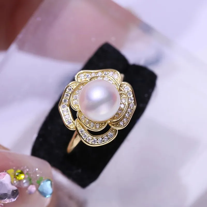 MeiBaPJ 8mm Natural Nearround Pearls Fashion Golden Flower Ring DIY 925 Silver Holder Setting Fine Wedding Jewelry for Women 4