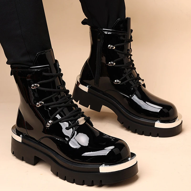 men fashion punk stage high motorcycle boots patent leather shoes cowboy platform boot black designer handsome ankle botas male