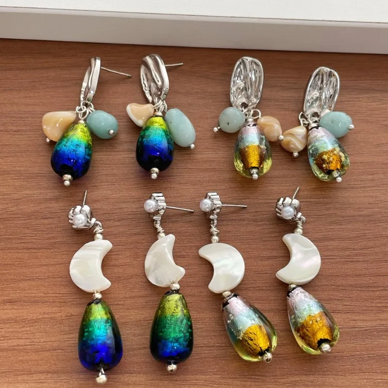 Minar Unique Design Multiple Gradient Color Resin Water Drop White Fritillary Shell Moon Natural Stone Drop Earrings for Women