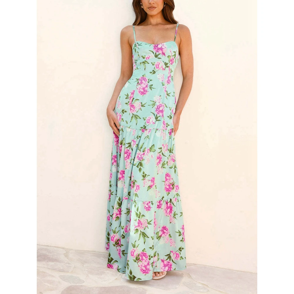 꽃 프린트 드레스 여름 스파게티 스트랩 맥시 민소매 셔링 가운 셔링 컷 아웃 백 여성 드레스 휴가 보헤미안