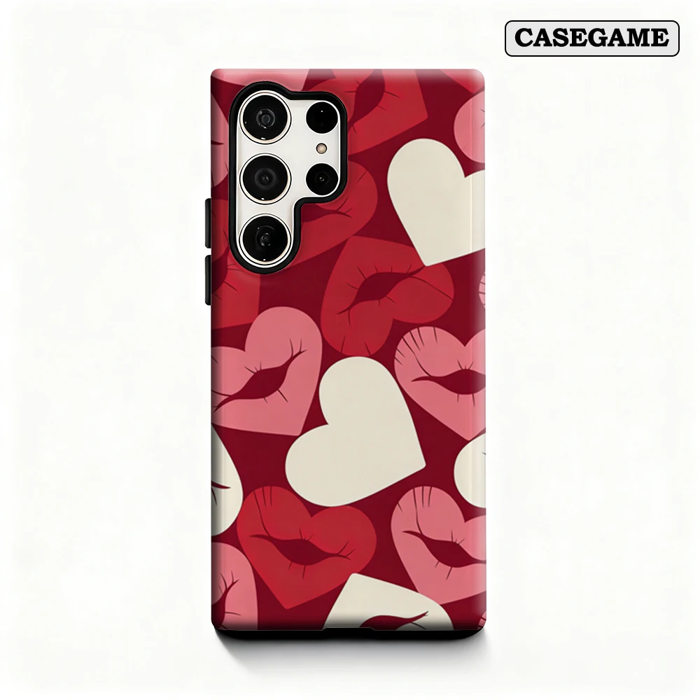 Casegame Phone Case for Samsung Galaxy S26 S25 Ultra S24 S23 Plus Shockproof Double Layer Tough Back Red Lips Hearts Cover