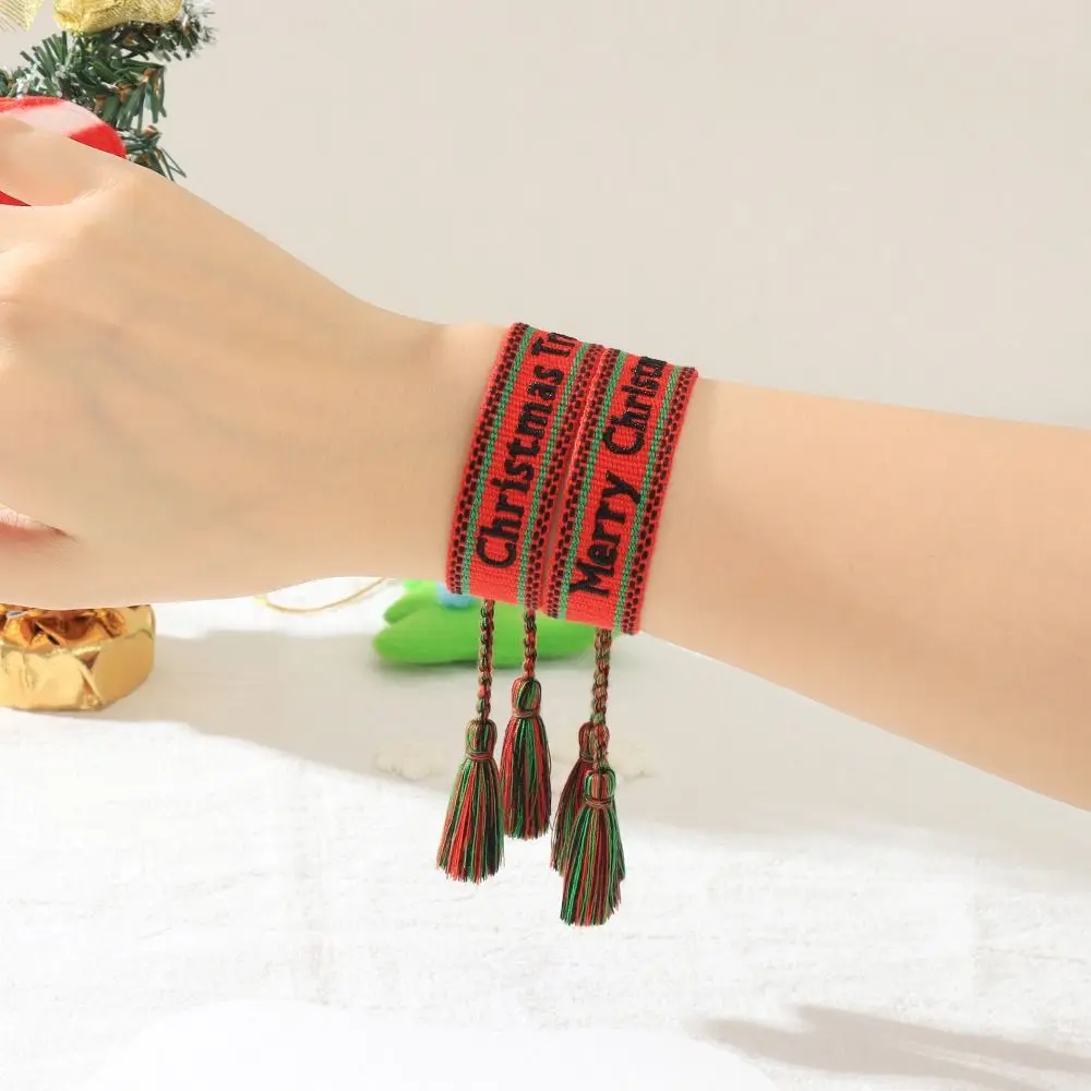 Merry Christmas Xmas Woven Bracelet Christmas Tree Santa Hat Fabric Christmas Bracelet Bohemia Christmas Stocking