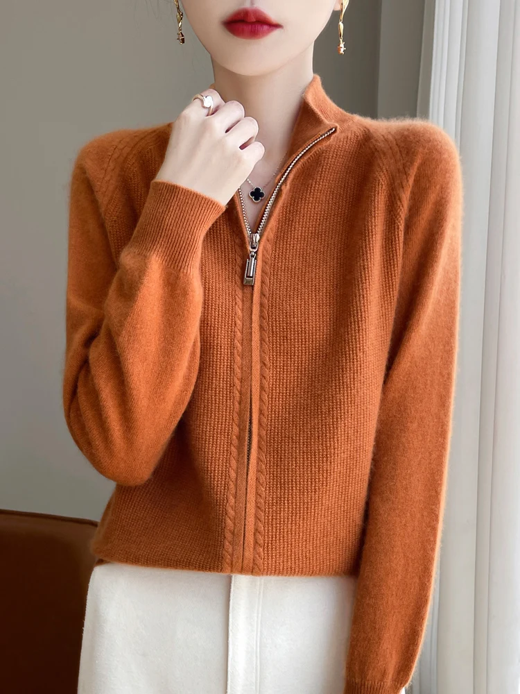 Women Zippers Cardigan 100% Merino Wool Sweater Autumn Winter Mock Neck Raglan Sleeve Cashmere Knitted Sweater Coat Korean Tops