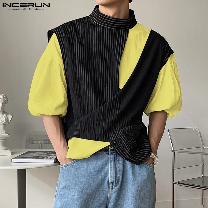 

INCERUN Tops 2025 Korean Style Men's Fashion Fake Two-piece Design Shirt Casual Personality Splicing Striped Long Sleeved Blouse