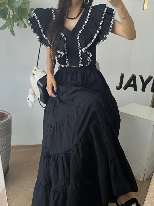 

Women's Loose Waist Cinched Slimming Agel Ele All-Match Drapey Long Skirt Pleated f-length Sweet Sle Pure Color