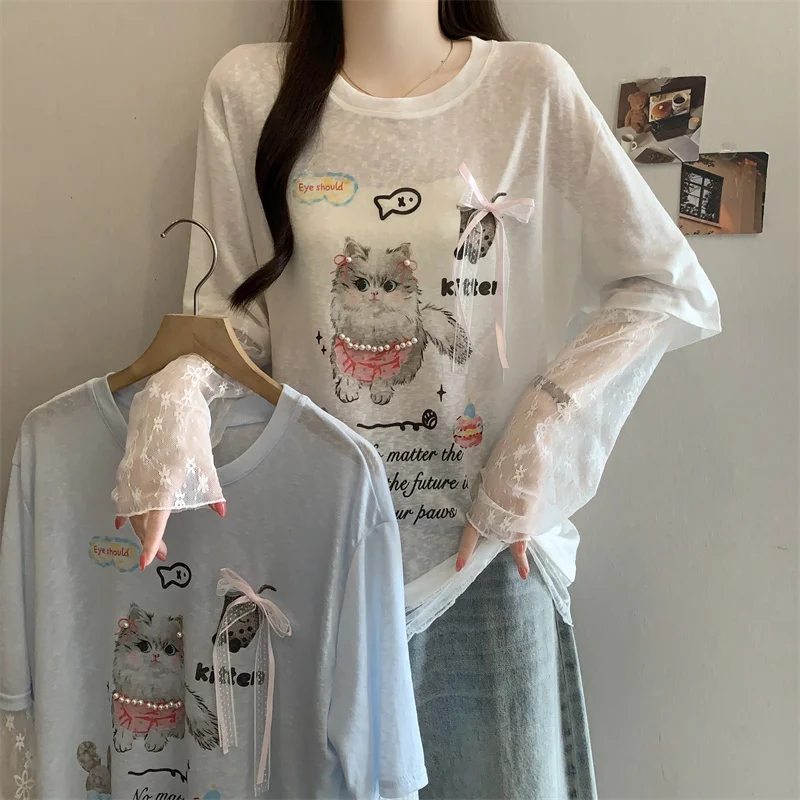 

High-End plus Size Women's Long Sleeve Lace Sun Protection T-Shirt Cover up Top Base Shirt Commute Style Artistic Design