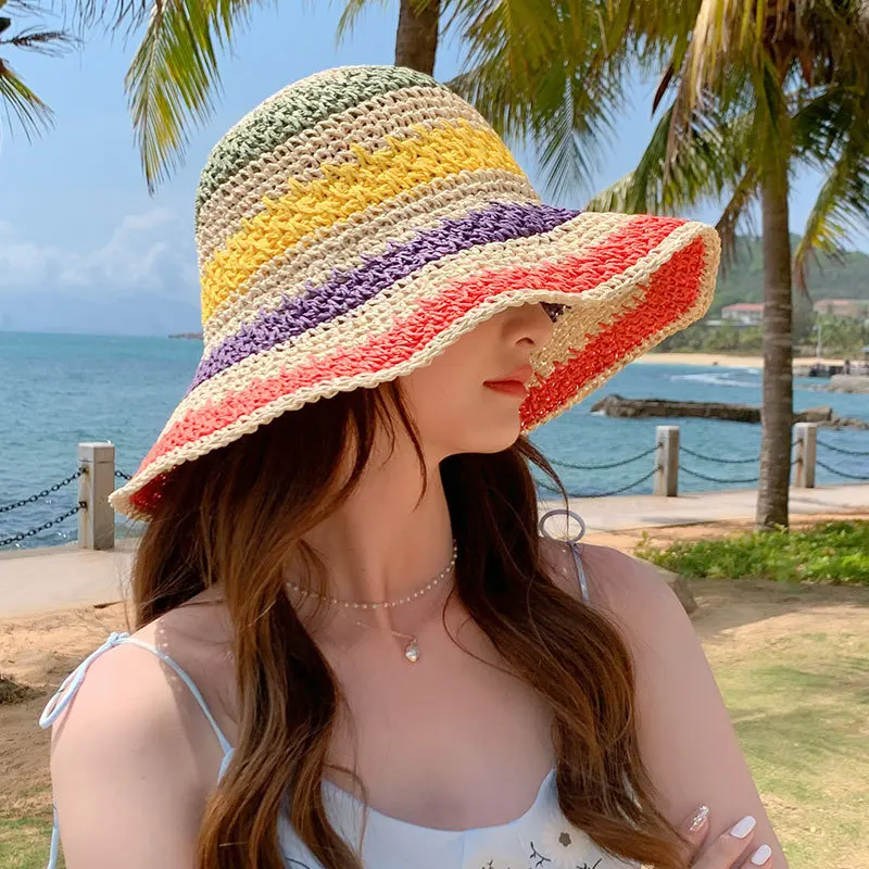 Sombrero de paja de arcoíris para mujer, visera de sol hecha a mano de ganchillo, sombreros de cubo de ala grande, sombrero de sol de playa para