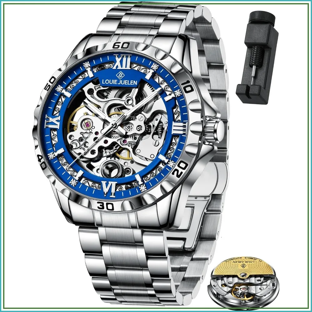 Men's Skeleton Automatic Watch, Self-Winding, Roman Numerals, Waterproof Luminous, Black/Blue/White/Gold Dial, Leather/Steel Band, No Battery