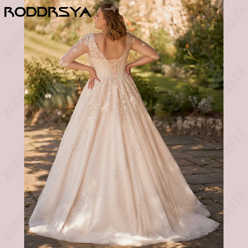 RODDRSYA Boho Tulle Wedding Dress Princess A-Line V-Neck 3/4 Sleeves Bride Party Appliques Illusion Backless Lace Up Bridal Gown