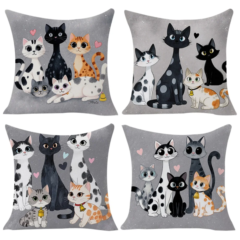 Cute Cat Print Pillow Covers Set 4 Pack Graphic Kitten Throw Cushions Home Decor Accent Pillow for Sofa Bed Gift