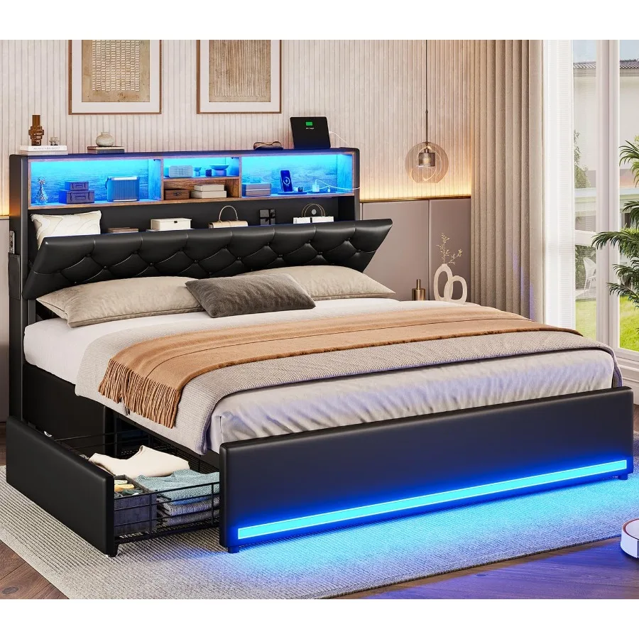 Queen Bed Frame with 4 Drawers and Hidden Storage Headboard Featuring LED Lighting Built-in Charging Station Upholstered Design