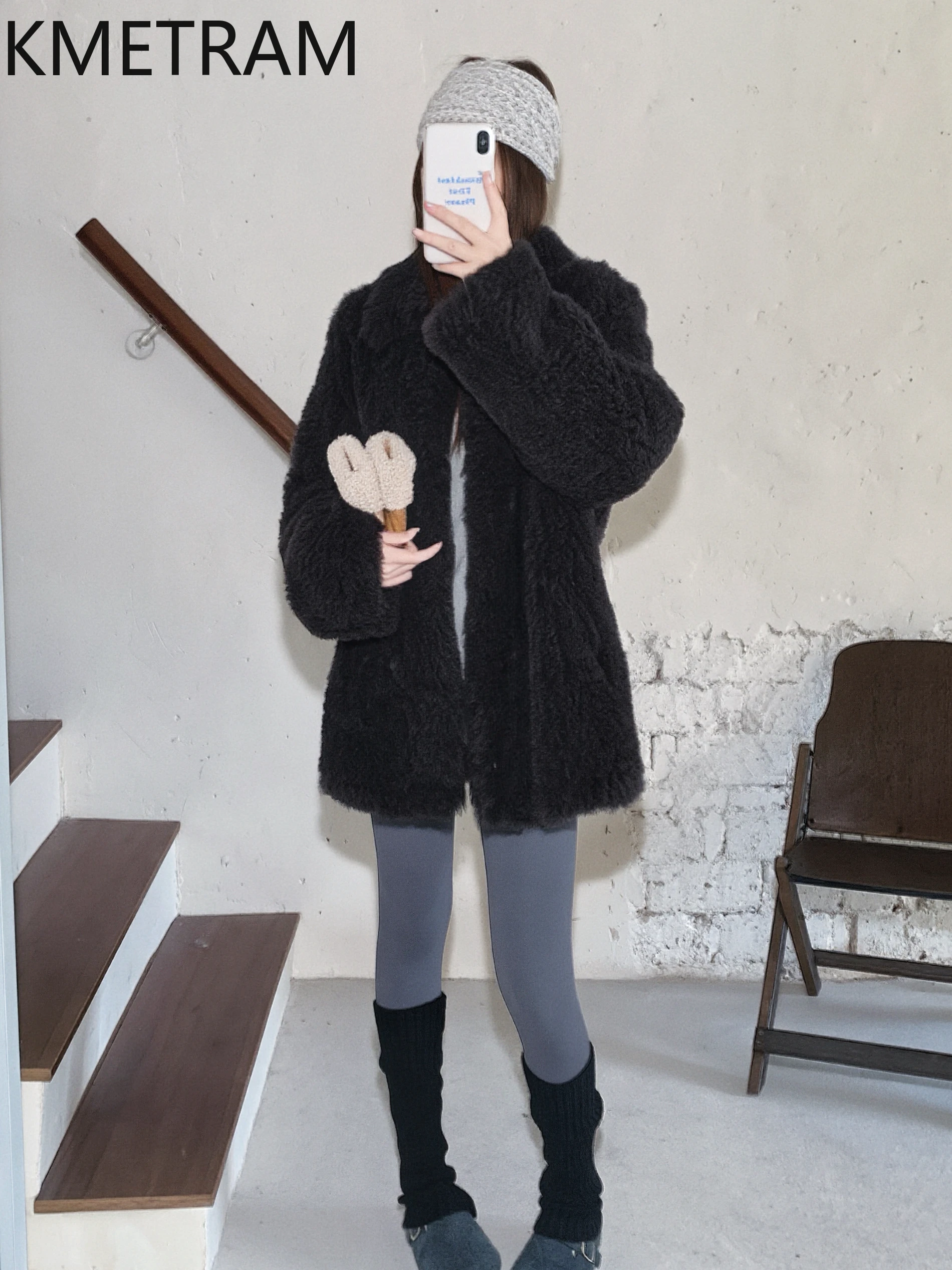 KMETRAM 100% Naturalna Wełna Toskańska Skóra Owcza Odzież z Futra dla Kobiet Prawdziwy Płaszcz z Futra 2025 Nowa Zimowa Kurtka Średniej Długości vestes femmes