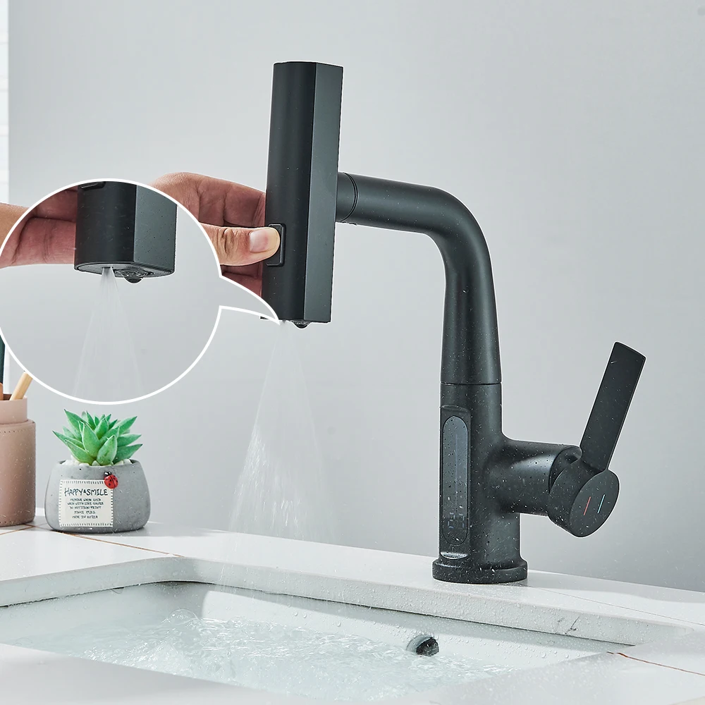 Waterfall Temperature Digital Display Basin Faucet Lift Up Down Stream Sprayer Hot Cold Water Sink Mixer Wash Tap For Bathroom