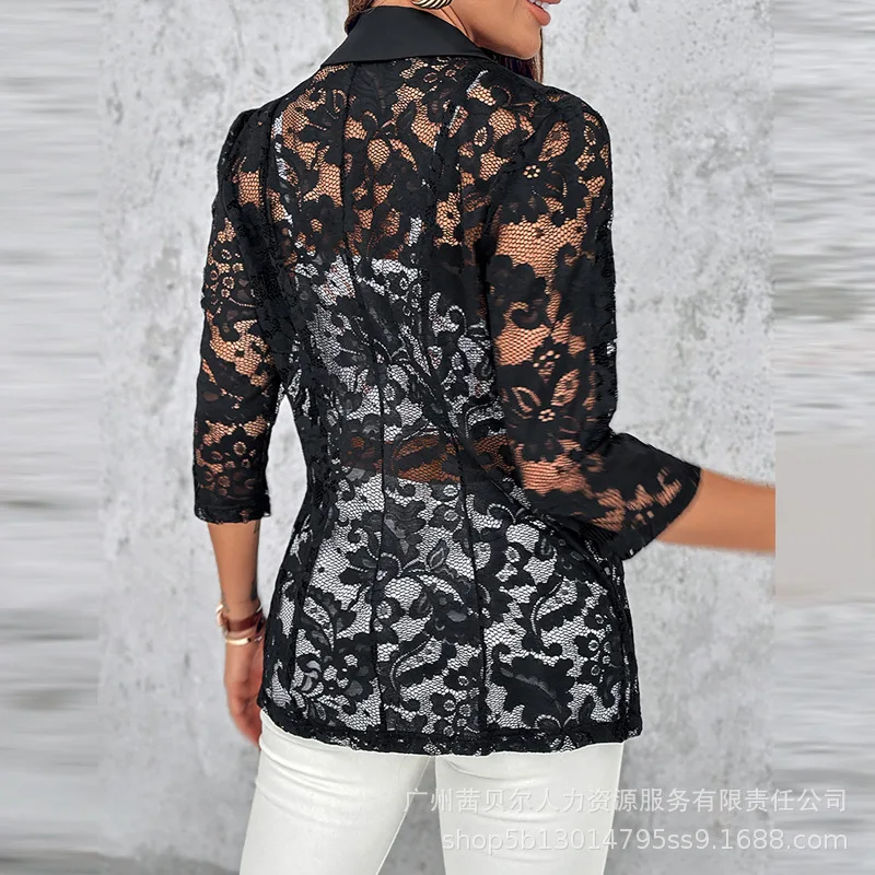 Women Coat Half Sleeve Hollow Out Lace Cardigan Slim Fit Coats Solid Button Casual Elegant Jacket Autumn 2024 Patchwork