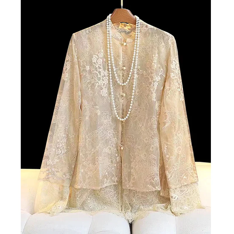 

Chinese Style Women's Small Stand Collar Silk Spliced Lace Shirt Women's Summer New Retro Embroidery Luxury Elegant Top S-L