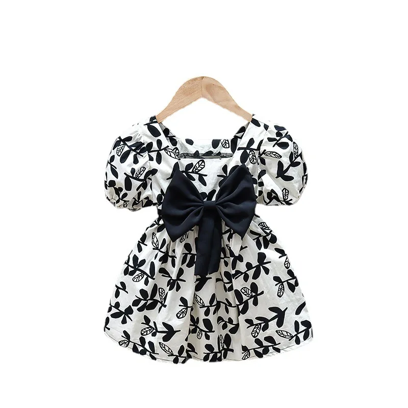 2026 Summer Kids Girls Solid Color Puff Sleeve Bow Backless Princess Dress Fashion Cute Children Dress for 80-130cm