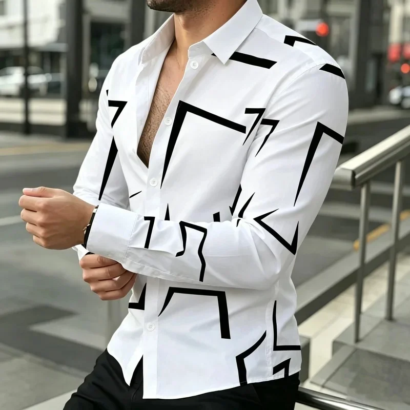 Fashionable men's shirt with contrasting geometric lines, long sleeved shirt in black and white, simple business casual shirt