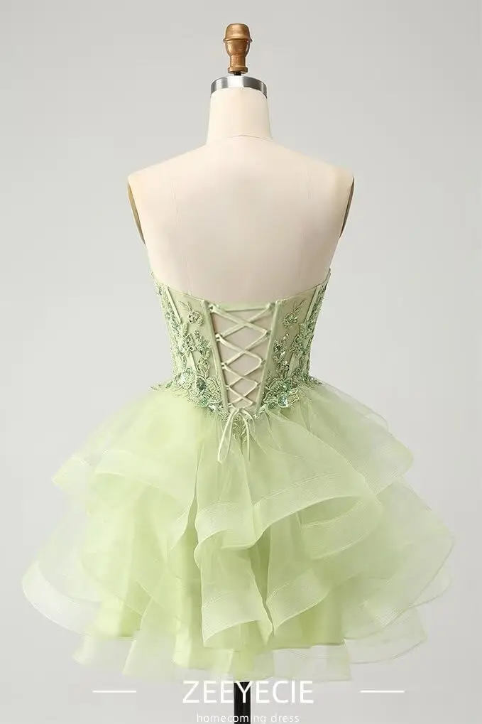 Gelaagde Tule Homecoming Jurken Strapless Kant Applique Kralen Korte Galajurk voor Tieners Quinceanera DAMA Jurk