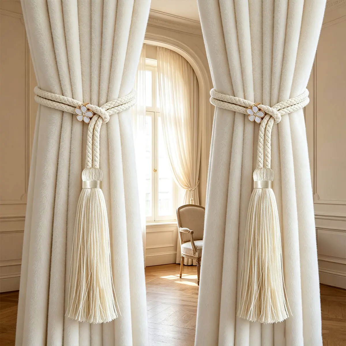 2pcs Beige Four-Leaf Clover Tassel Curtain Tiebacks, French Cream Soft Ins Style, Thick Woven Rope Drape Holdbacks for Bedroom