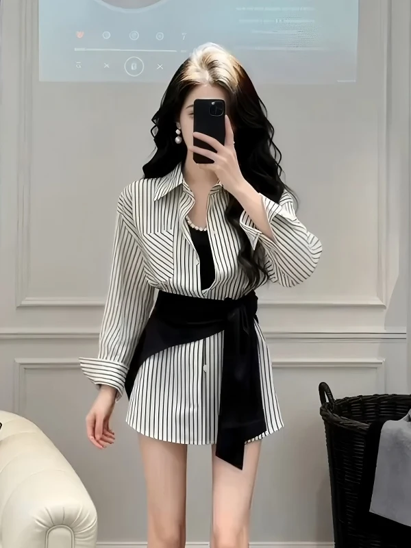 

Trendy Striped Shirt Women's Belted Long Sleeve Turn-down Collar Casual Style Fashionable Versatile Mid-length Top