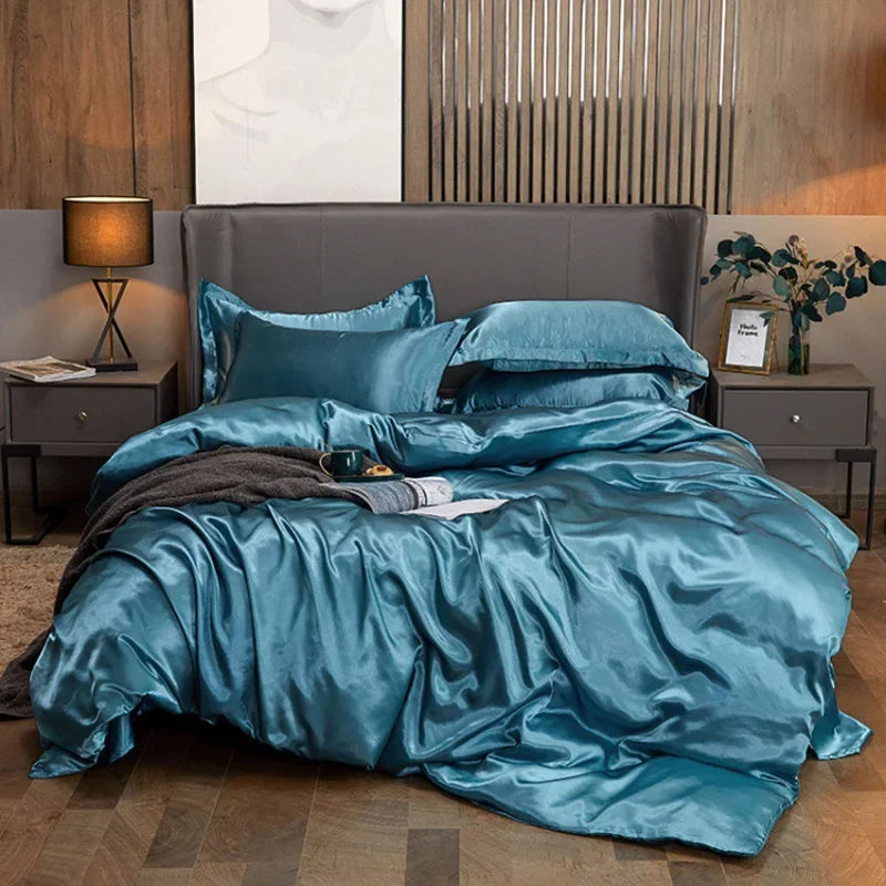 180x200cm Luxury Blue Bedding Set Silky-Smooth Solid Color Duvet Cover Fitted Sheet Pillowcase, Breathable & Eco-Friendly