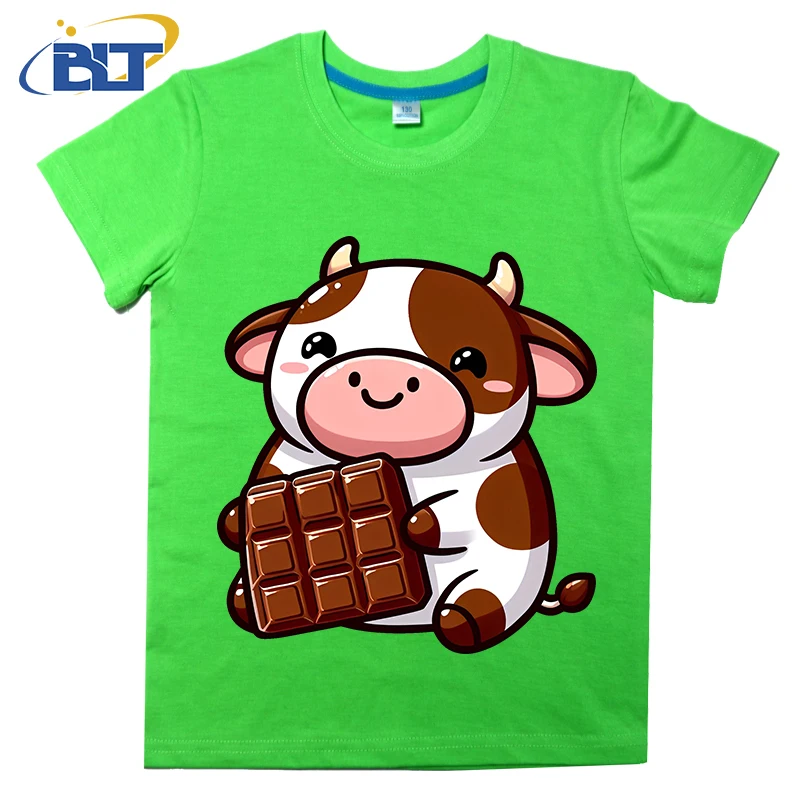 Camiseta estampada vaca chocolate para crianças, blusa casual de manga curta, algodão puro, adequada tanto para meninos quanto para meninas, verão