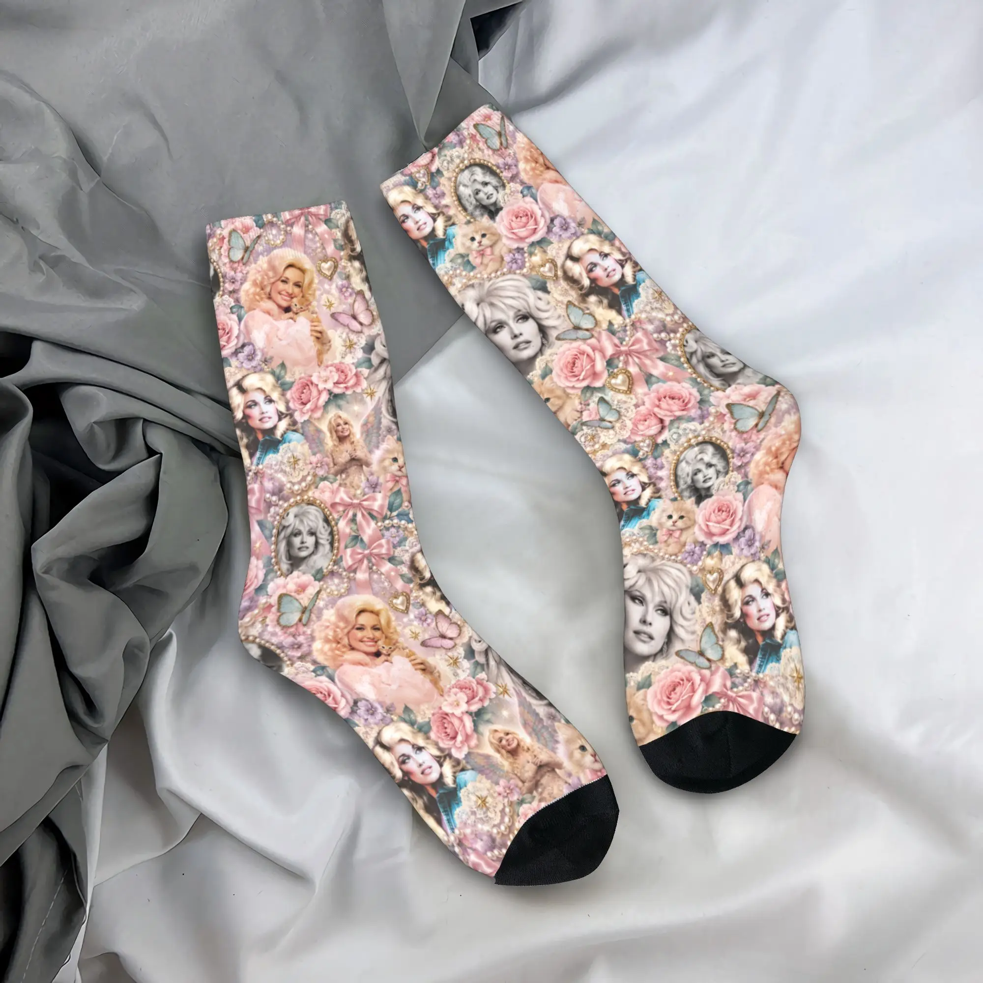 Dolly Parton Muted Flower Pattern Socks  Anti Sweat Stockings Men's Medium Soft Outdoor Sports Socks Autumn Kawaii Pattern Socks