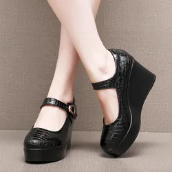 6cm 8cm Small Size 33-43 Shallow Patent Leather Mary Janes Woman High Heels 2025 Spring Thick Platform Wedges Shoes Office Mom