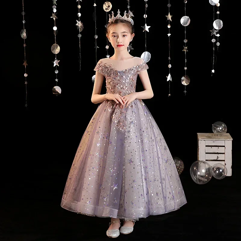 

Flower Girl Dress 2024 Spring New Western Style Princess Dress Host Walk Show Purple Fairy Children's Dress