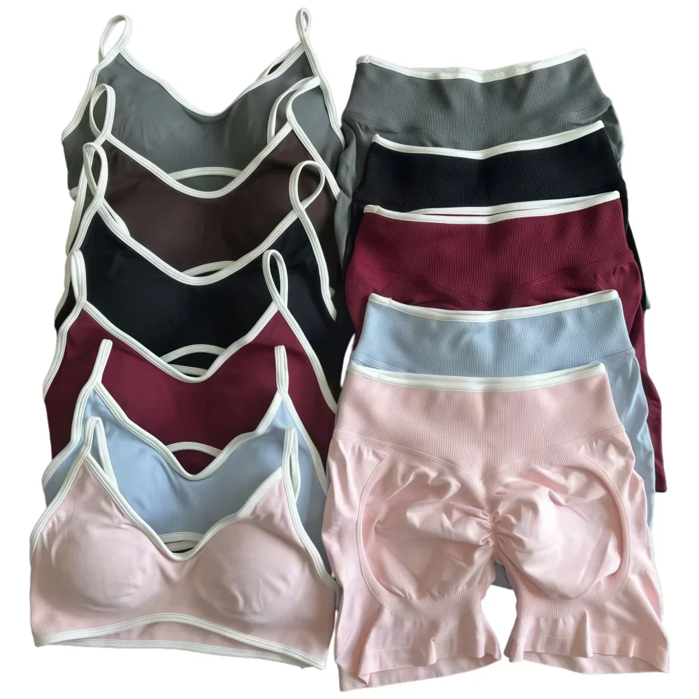 2 peças conjunto de esportes feminino sem costas tanque yoga topos cintura alta scrunch sem costura shorts esporte ginásio conjunto treino