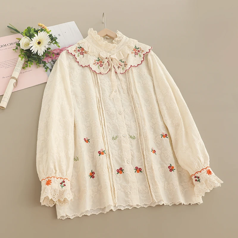 Japanese Sweet Mori Girl Style Floral Embroidery Ruffled Cotton Shirt Women Kawaii Peter Pan Collar Long Sleeve Blouse Tops