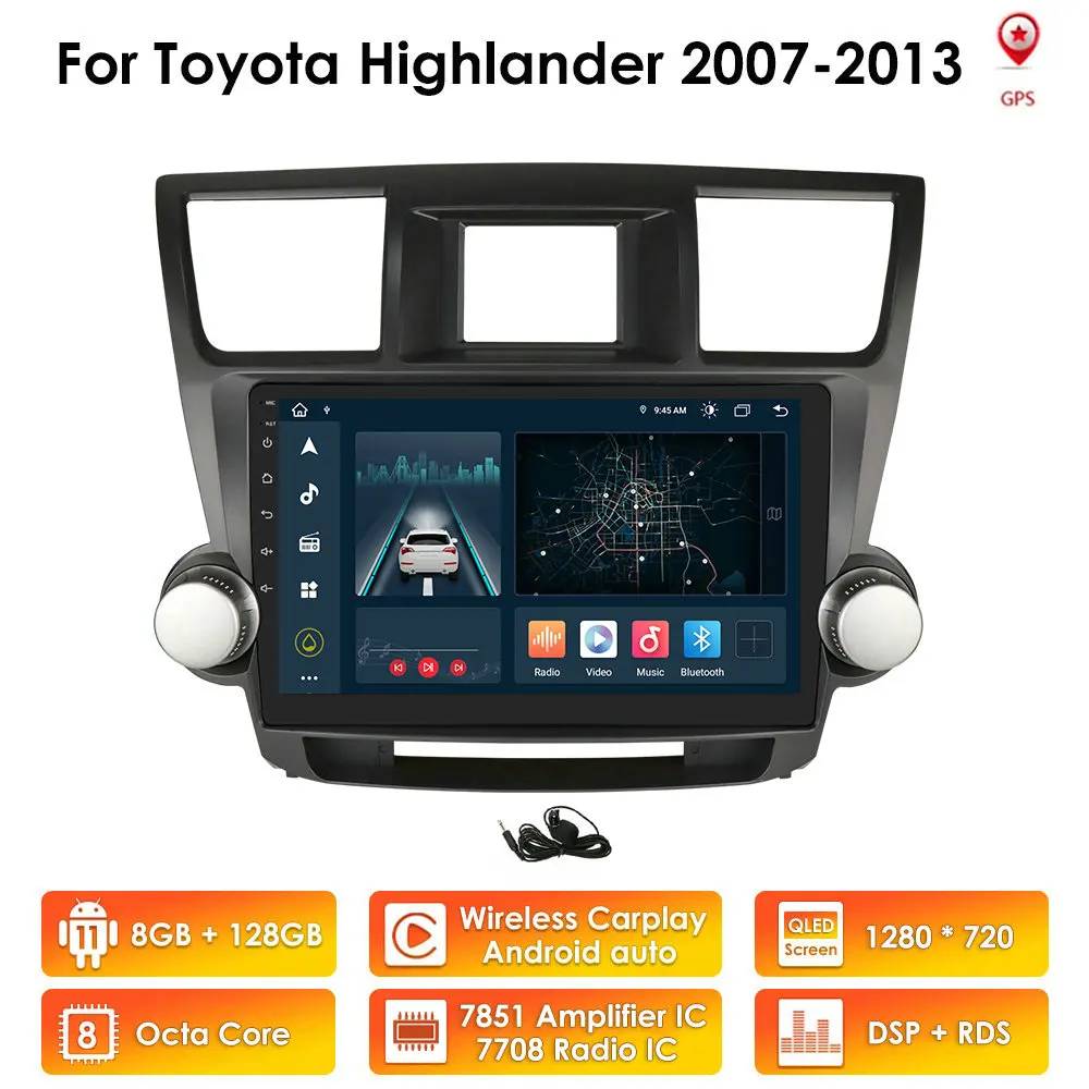 Autoradio Carplay Android GPS for Toyota Highlander 2007 - 2013 Car Radio Multimedia Video Player Navigation Bluetooth Speaker