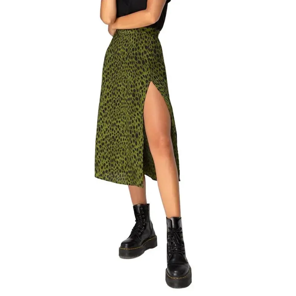NewSummer Fashionable Slim-fitting and Height-enhancing Women's Flower Leopard Print High-waisted Elastic Slit Long A-line Skirt