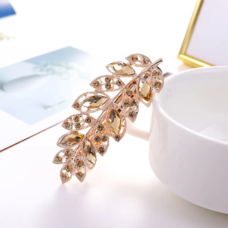 1Pcs Elegant Crystal Leaf Spring Hairpin For Women Fashion Rhinestone Back Head Hair Clip Hair Accessories Jewelry Headwear